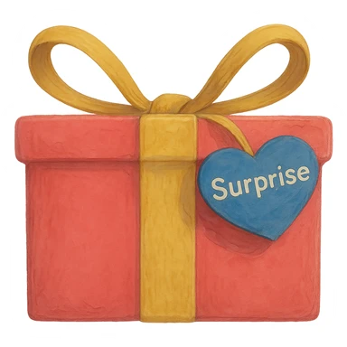 Recreate the blue heart-tagged pink gift in a ghibli style, with the name 'Surprise' on the tag, no background. sticker