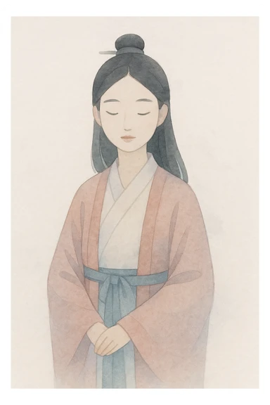 Chinese girl, traditional hanfu dress, serene expression, soft background, watercolor art style sticker