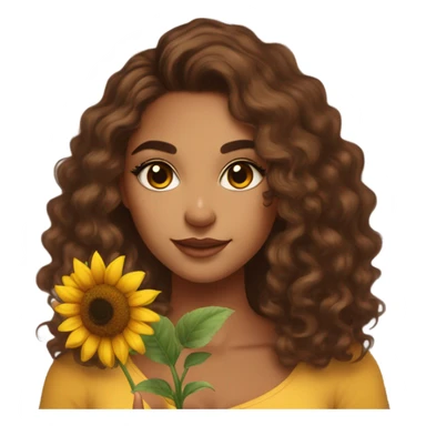 Pretty tan skin Latina with long brown curly hair . Very pretty cat eye makeup . Shes holding a sunflower in her hand  sticker