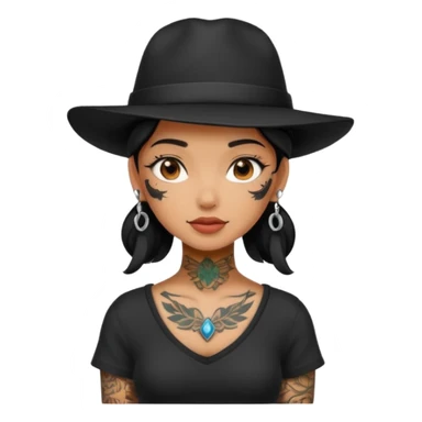girl have tattoo on her full neck and full body with black hat sticker