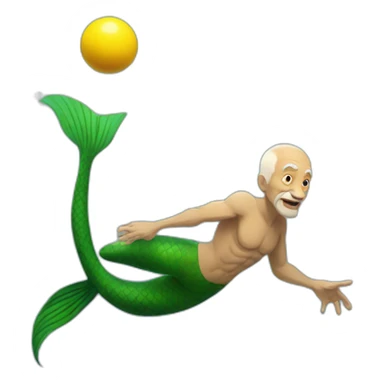 Underwater strong old man mermaid swimming, bold with no hair, holding a small yellow ball, winning enthousiasm sticker