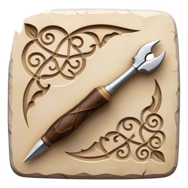 Carving icon, stone, bone, and horn with detailed patterns, carving tools like chisel and awl, minimalistic style, clean lines, transparent background. sticker