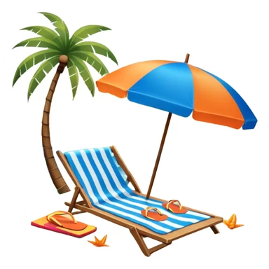 Icon for Beach Tourism: with the blue ocean, orange sunset sun and palm trees in the background, a sun umbrella, flip-flops, and a beach towel on the sand. The icon should represent relaxation and fun at the beach. Transparent background. sticker