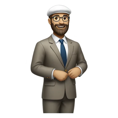 man, long brown beard, white skin, suit, standing and smile (full-body "slim"), beret hat, glasses sticker