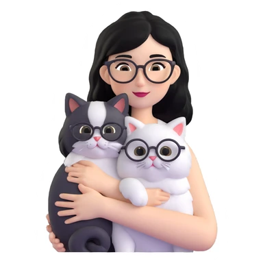 Skinny woman with oval glasses, shoulder length straight black hair, wearing white sleeveless top, hugging a Persian-Angora cat that's gray and white like Oreo cookies, plain background sticker