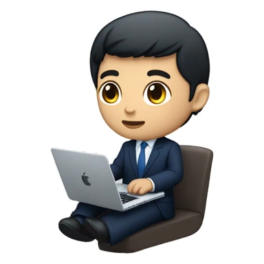 memoji of a young man with a laptop in front, apple-style, on laptop with a blue sticker with 4 letters: "WYZE", modern, dark hair, dark blue suit, computer in hand, chinese skin, sitting on this desk sticker