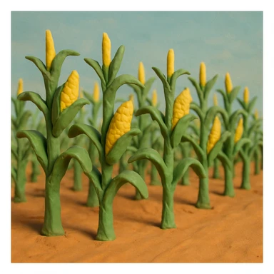 rows of tall corn stalks with green leaves and yellow corn in a corn field, soft pastel colors, blue sky, claymation style sticker