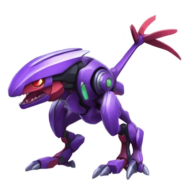 a shiny purple-green-red Genesect-Raptor-Fakémon—hybrid with a futuristic visor-helmet full body sticker