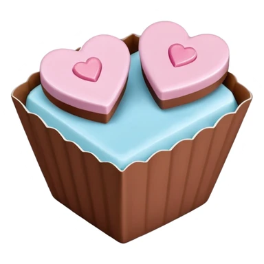 Two square milk chocolate 2 pralines only, Each praline is a sharp-edged cube with smooth glossy chocolate coating, placed in a small white fluted paper candy cup. On top of each cube is a flat pastel pink heart-shaped icing, thin and smooth, slightly translucent, with fine sugar crystal sparkle. sticker