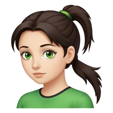 A girl with dark brown hair in a ponytail and green eyes sticker