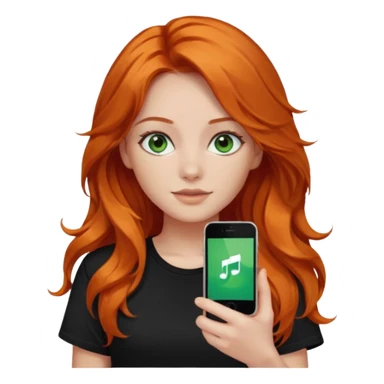 Girl with dark long orange wavy hair, green eyes, and black t-shirt with iphone tiktok on hand sticker
