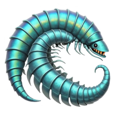 An iridescent, chitinous trilobite with glowing cyan eyes pulses rhythmically as a miniature black hole orbits its brow, distorting space-time. Its fractal-patterned exoskeleton shifts colors unsettlingly, and its mouth opens into a spiraling void that hums with forgotten whispers. sticker