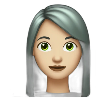 40 year old white woman with green eyes and long dark hair and a fringe and oval shape face sticker