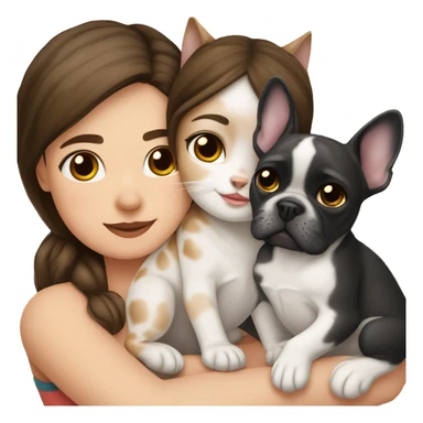 brunette hair girl cuddling a black and white frenchbulldog and a lynx point tabby cat sticker