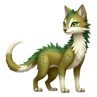 Kawaii cool edgy brown beige white fantasy ethereal feline-vernid-sergal-fursona animal creature with a tufted tail full body with intricate markings, hazel-gold-green eyes sticker