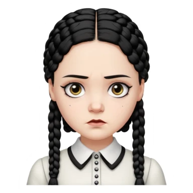 Draw Wednesday Addams with pale skin, black braids, white-collared dress & serious expression. sticker