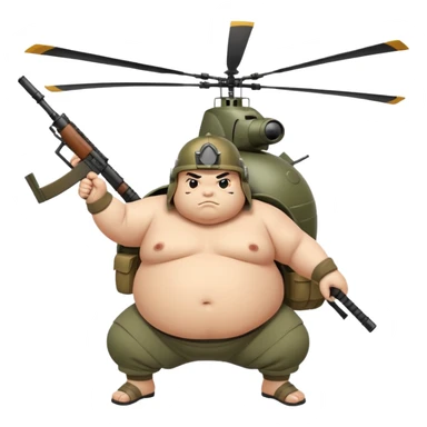 A fat sumo fighter holding a RPG with a army helmet and he’s hanging off a side of a helicopter  sticker