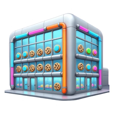 Outside view of a futuristic cookie factory, sleek silver walls, robotic arms visible through glass panels, glowing neon pipes along the structure, emoji-style sticker