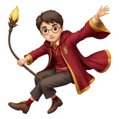 Cartoon-style illustration of Harry Potter flying on a broomstick, Gryffindor red and gold outfit, expressive face, dynamic motion, magical vibe, smooth shading, vibrant colors, no background, transparent background, isolated character. sticker
