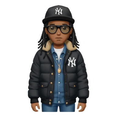 African American man with shoulder length black dreadlocks wearing black sunglasses with black bubble winter coat wearing a New York Yankees baseball hat with arms folded wearing denim skinny jeans and timberland boots sticker