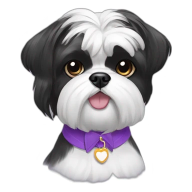 black and white shihtzu dog wearing a bun and a pueple collar sticker