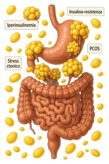 STOMACO E INTESTINO SONO VERTICALMENTE COLLEGATI E INTORNO A QUESTI ORGANI CI SONO CELLULE DI GRASSO GIALLE ATTACCATE SOPRA A GRAPPOLI, intorno fluttuano cellule di grasso giallo e alcune targhette con queste parole "Iperinsulinemia", "insulino-resistenza", "PCOS", "Stress cronico", "asse HPA", IPERREALISTICO 4K sticker