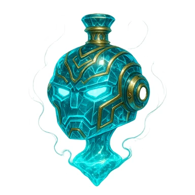 luxurious crystal elixir bottle in the shape of a robot head, cyan color, lots of glowing, edges, ornaments, golden details, magical effects, very small golden neck, transparent background, beautiful merging bottom, clearly floating in the air, no base or shadow, premium class impression, interesting futuristic design, matching a collection of crystal, luxurious, magical bottles sticker