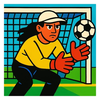 un portero de fútbol con ropa amarilla, gorra blanca, pelo largo negro, pantalón negro, guantes rojos y cara seria, estilo ilustración colorida sticker