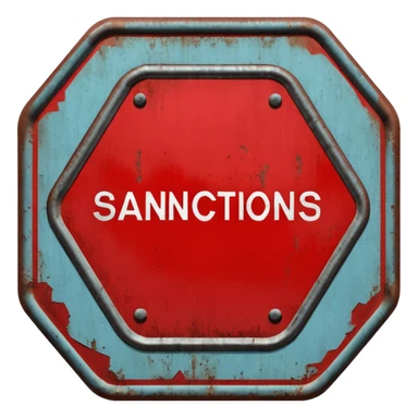 red, road sign, hexagonal, with the inscription SANCTIONS sticker