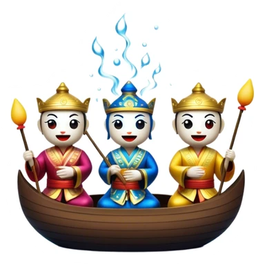 Cinematic Realistic Water Puppetry Emoji, depicted as a whimsical scene of traditional water puppets performing on a reflective water stage, rendered with vivid textures and dynamic playful lighting that captures its enchanting charm. sticker