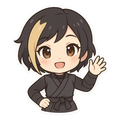 Chibi ninja girl with black short hair and a blonde streak, big head, small body and arms, not overly round or infant-like, cute and playful, anime-style face with large expressive eyes, small nose and mouth, subtle blush, hand fully raised, waving, smiling, pastel colors, soft shading, clean outlines, no mask, transparent background, face looks sexy with slightly parted lips, confident gaze, longer lashes, subtle contouring. sticker
