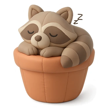 sleepy raccoon inside a flower pot, pastel earthy colors, cushion style sticker
