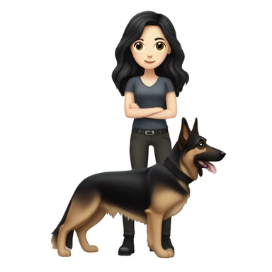 pale skin woman with long black hair standing by a german shepherd  sticker