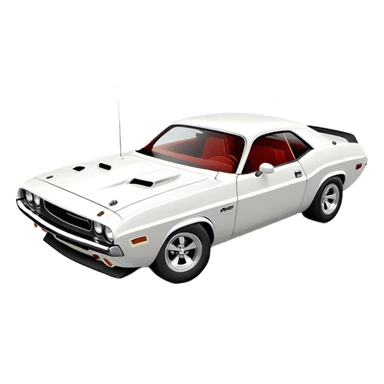 Iconic white 1971 Dodge Challenger from Death Proof, consistent 30-degree perspective with detailed front end and hood, maintaining authentic proportions, all-white color scheme, iOS emoji style sticker