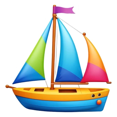 A colorful toy sailboat with a cute smiling face on the bow sticker