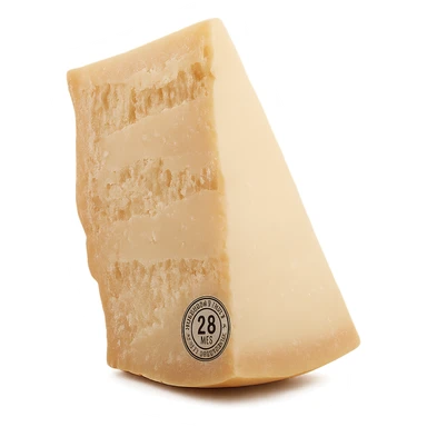 Realistic style piece of Parmigiano Reggiano inspired by the reference image, isolated with no background, natural details, slightly top view, photorealistic rendering. sticker