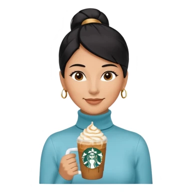  tan skin woman with long face, and very short black hair slicked back ponytail with forehead showing, wearing solid light blue turtleneck shirt, drinking starbucks caramel frappuccino, smiling with middle parted hair sticker