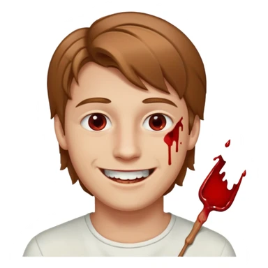 парень с русыми волосами средней длины; белая кожа; белые глаза; открытая улыбка, где на зубах кровь;  sticker