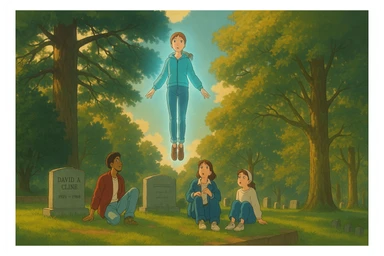 Create a scene inspired by Stranger Things featuring a girl levitating above a grave in a cemetery, with three friends watching her from the ground. Render in Ghibli style with a wide aspect ratio (16:9). The atmosphere should be expressive and cinematic with a supernatural vibe. Use the reference image for composition and mood guidance. sticker