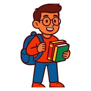 universitario con mochila y libros, estilo cartoon colorido sticker