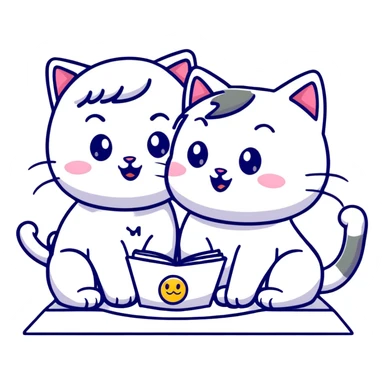 two girls watching a cute kitty drawing an emoji, playful cartoon style sticker