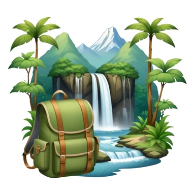 Icon for Ecotourism: lightweight hiking backpack and a scenic landscape with lush green forests, a waterfall, and wildlife, such as birds or animals in background. Transparent background. sticker