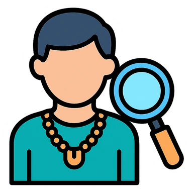 modern icon of a person using a magnifying glass to examine a gold necklace sticker