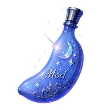 modernus prabangus eliksyro buteliukas, banano forma, spalva #7986cb, holografiniai ir sidabriniai ornamentai, stiprūs magiški švytėjimai ir efektai, labai mažas kaklelis, skaidrus fonas, vientisas dugnas, be šešėlio, plūduriuoja ore, kolekcijos stilius, užrašas 'Mod' ant buteliuko sticker