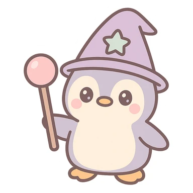 cute penguin wizard, magical staff, wearing a pointed hat, fantasy sticker