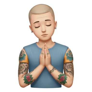 A 20 year old white man with a buzz cut and tattoos all over his arms and chest. Pleading face with hands praying  sticker