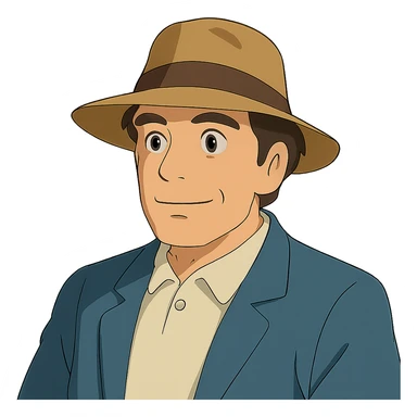 ghibli style man, with a hat sticker