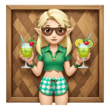 elf female legolas portrait, patterned board shorts (geometric/abstract), unique wooden-framed sunglasses, undercut hairstyle, slight smirk, visible pointy ears, no background, centered emoji, hipster summer vibe coctails  sticker