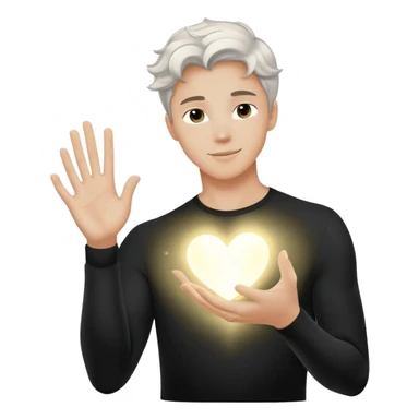 radiant youthful male silhouette with soft flowing light waves, glowing spark at heart, faint ripple of energy at fingertips, minimalist black or silver silhouette with gentle aurora-like glow sticker