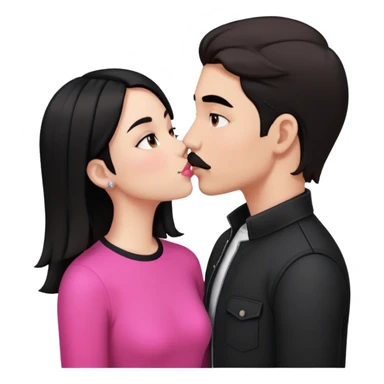 Brunette boy with short hair and black mustache wearing black clothes, kissing white girl with long black hair wearing pink clothes sticker